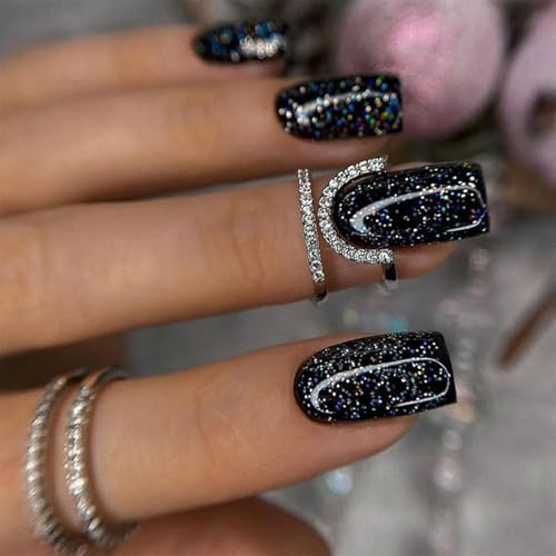 Lot de 24 faux ongles carrés de taille moyenne à presser - Noir - Paillettes argentées - Faux ongles à coller sur les ongles - Faux ongles gothiques - Pour Halloween, Noël, femmes et filles