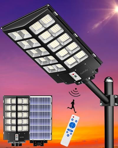 Gefolly SL-5300W Lampadaire Solaire Extérieur, Lampe Solaire Extérieur | 6500K Projecteur Solaire Exterieur avec Détecteur de Mouvement, IP67 Étanche eclairage exterieur solaire Pour Rue Cour Garage