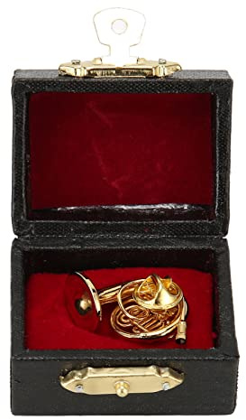 Mini-Musikmodell, Miniatur-Waldhorn, goldenes Instrument, Ornament, Dekoration, goldfarbene Metallsimulation für Tischregal, Musikliebhaber, mit Koffer und Ständer
