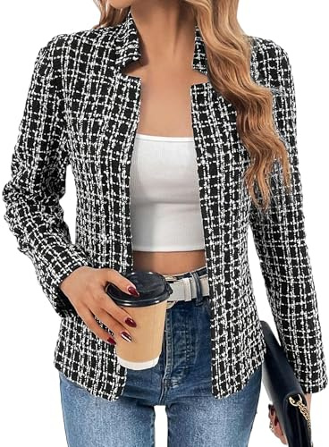 Giacca blazer da donna in tweed a quadri, giacca blazer in tweed con apertura frontale, cardigan con colletto intagliato per lavoro