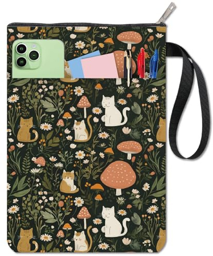 CRASPIRE Copertine per Libri A Forma di Gatto Protezione per Libri A Forma di Fungo Custodia per Libri Verdi per Libri Tascabili Copertina per Libri in Tessuto Lavabile con Cerniera e Tasca Extra
