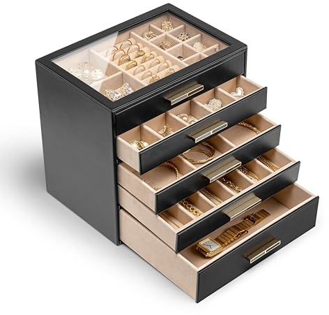 VLANDO Schmuckkästchen Groß, Schmuckkasten mit 5 Ebenen, Schmuck Organizer mit Glasdeckel, 5 Schubladen,für Halsketten, Ohrringe, Uhren, Armbänder, Schmuckaufbewahrung, Modern, Schwarz