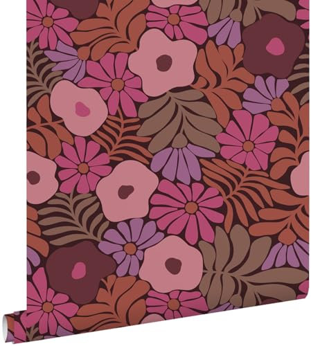 papier peint fleurs dans le style Matisse rose, violet et terracotta 50 x 900 cm - ESTAhome