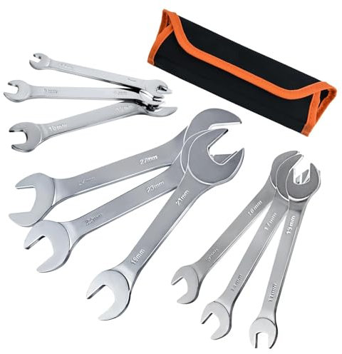LEONTOOL 9-Piece Super-Thin Open End Wrench Set Metric Including 5.5, 7, 8, 9, 10, 11, 12, 13, 14, 15, 16, 17, 19, 21, 22, 23, 24, 27 mm Slim Spanner Set CR-V Steel Bike Wrench Set with Rolling Pouch