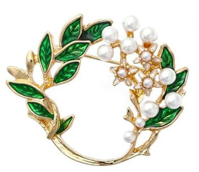 Elegante Blumenkranz-Brosche für Damen und Herren, zierliche Perle, goldfarben, modisch, rund, rund, Anstecknadel, grünes Olivenblatt, hohle Brosche, Kleid, Zubehör, Partyschmuck, Geburtstagsgeschenk