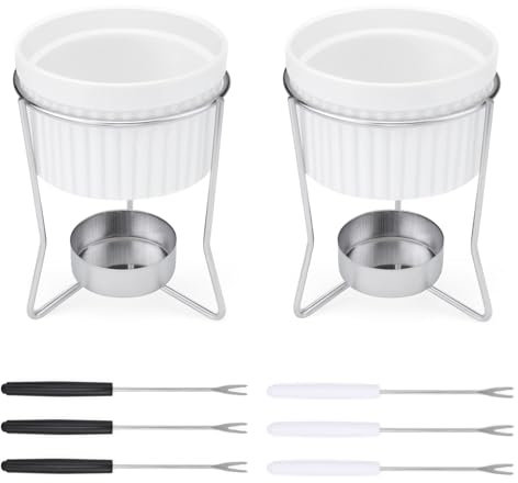 LELE LIFE 2 Pack Butter Warmers for Seafood, Ceramic Butter Melter with 6 Forks & Stainless Steel Stand, Fondue Pot Set for Chocolate or Cheese Fondue Cup