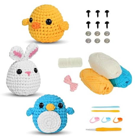 Alleshelfer Häkel-Starterset für Anfänger DIY Häkelset für Tiere mit Häkelnadeln, Tiere Häkelset für Anfänger, Garn, Anleitung Video Pinguin, Küken, Kaninchen Perfekt für Erwachsene & Häkeln Anfänger