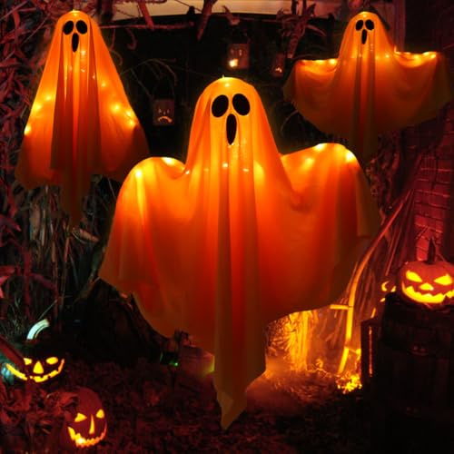Halloween Deko Geist, 3 Stück Hängende Geist mit Licht, LED Gespenster Windsäcke Dekoration(Orange Licht), für Halloween Innen Außen Garten