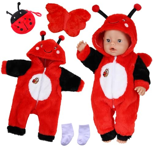 Dockkläder set för 35–43 cm babydockor, nyckelpiga kläder med vingar, vita strumpor, Ladybird-väska, ny babydockkläder för dockor flickor pojkar, födelsedagspresent (utan docka)
