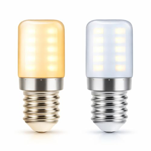 WIIKKOPM E14 2W LED Fridge Bulb T18 2700K Warm White (1pcs) + 6000K Cool White (1Pcs) Small Edison Screw in Light Bulb, 100 Lumens, Dimmable, 220-240V, 2-Pack