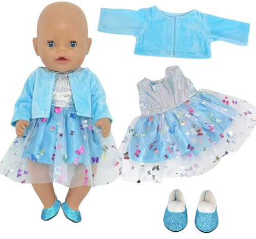 Babypuppenkleidung für 14-18 Zoll Puppen, Süßes Puppenkleidung 30-45 cm mit Blauem Mantel Pailletten Gazerock Socken für Neu Baby Puppenkleidung Zubehör Geburtstag Geschenk