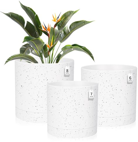 CSYY Plant Pots Indoor, Plastic Plant Pots, Flower Pots Outdoor Self Watering Indoor Plant Pot with Drainage Holes and Tray, Plastic Planter for Garden House Plants (White and Black, 8/7/6in)