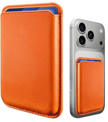 HAUXGOGO Magnetic Wallet Cell Phone Card Holder，Stronger Magnetic Leather Phone Wallet Compatible with iPhone 12-17 Series and Pro/Promax, Fit 3 Cards (Orange)