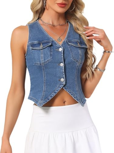 Allegra K Gilet in Denim da Donna Senza Maniche con Scollo a V Abbottonato Corto Estivo Casual Gilet in Jeans Blu Scuro L