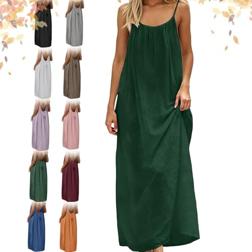 WRYHAUL Robes Camisoles Dos Nu pour Femmes, Robe de Salon Camisole Dos Nu Robe de Maison sans Manches de Couleur Unie, Robe d'été de Plage Longue et Fluide à Bretelles Spaghetti (Vert foncé,Grand)