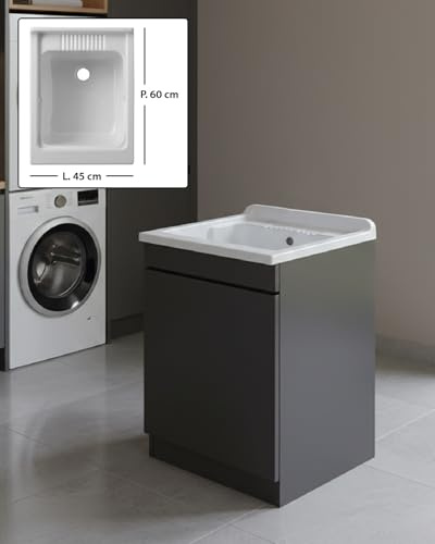 Delmar Mobile Lavatoio Legno Nobilitato Grigio, 45x50 45x60 50x50 60x45 60x50 60x60 75x60 80x50, H85 cm, Con Lavabo Pilozzo Resina, Made in Italy, Già Montato x Bagno Lavanderia (L. 45 x P. 60 cm)