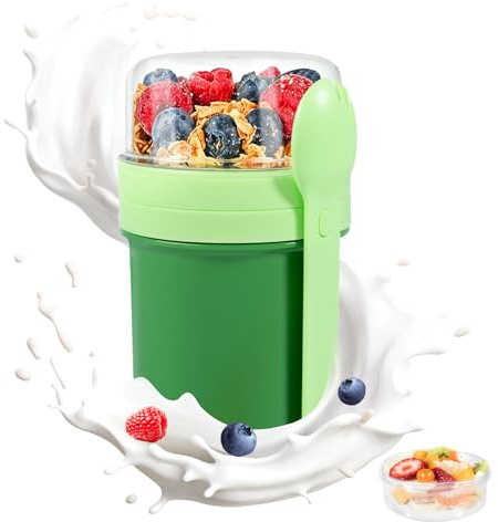 Carehabi CerealCuptoGo, 650 ml + 250 ml, YoghurtCup, vaso para cereales con cuchara y caja para salsas, caja para desayuno sin BPA, bol para cereales, para niños y adultos, verde