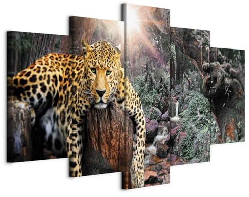 B&D XXL - Leinwandbild Tier Leopard Natur, 200x100 cm, 5-teilig, Wohnzimmer | Hochwertige Leinwand, sofort aufhängbar, ideal fürs Wohn- oder Schlafzimmer, wasserfest und lichtecht, langlebig, stilvoll