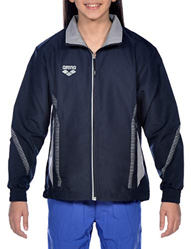 ARENA Kids Team Line Youth Warm Up Full Zip Jacket Lightweight Athletic Training Competitive Recreational Side Pockets Breathable Track Swimming Sports, Navy Blue/Gray, Size X-Large