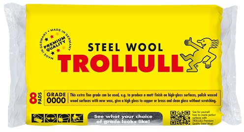 TROLLULL Steel Wool | Wire Wool extra-fine 0000 polishes waxed wood, copper, brass, and matt surfaces, cleans glass, 8 pads 200g