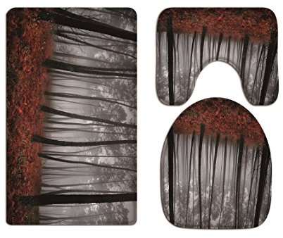 A.Monamour Badezimmer Badematte 3 Teilig Set Nebel Neblig Gotisch Verloren Wald Baum Rot Wald Weich Toiletten Deckel Flanell Saugfähig Badteppiche Badvorleger Badgarnitur WC Vorleger