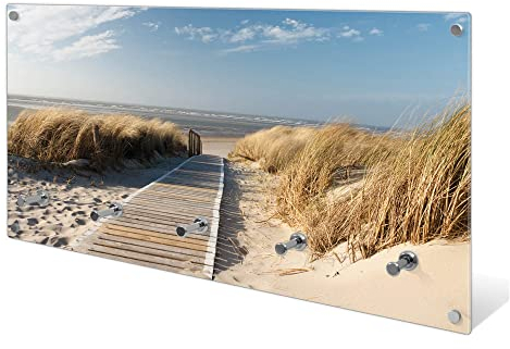 banjado® Wandgarderobe aus Echtglas/Design Garderobe 80x40x6 cm groß/Flurgarderobe mit 5 Haken/Magnetisches Garderobenpaneel Motiv Dünen