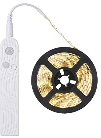 FOLGEMIR 1m LED Band mit Bewegungsmelder, Batterie betriebene Nachtlicht mit PIR-Sensor, wasserdichte Schrank Beleuchtung, Lichterkette selbstklebend (3000K Warmweiß, 1 Meter)