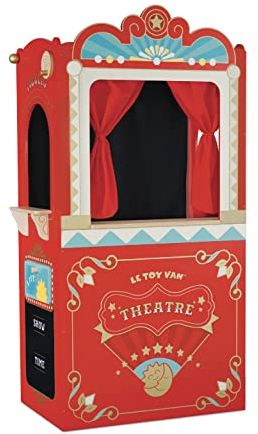 Le Toy Van - TV333 - Lernspiel ab 3 Jahren, große Holzpuppe und Puppentheater, 122 cm hoch, Montessori-Spielzeug, mit Wendeschild, 2 Tafeln, Vorhang mit echten Vorhängen