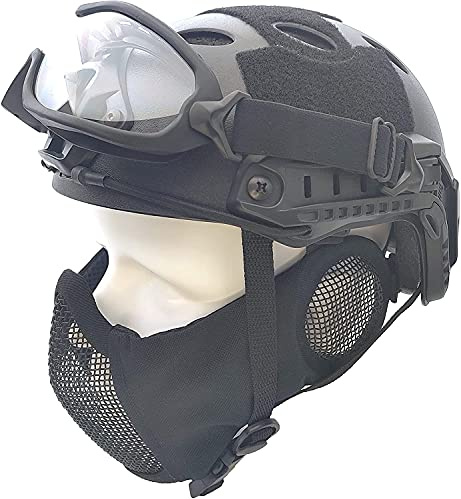 Casque Rapide Tactique PJ et Protection de l'oreille Double Sangles Pliables Masque et Lunettes en Maille Demi-Visage, utilisés pour Le tir de Chasse au Paintball Airsoft