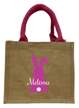 Bedruckte Jutetasche zu Ostern mit Name | Ostertasche Motiv Hase für Kinder | Personalisiertes Osternest zum Befüllen inkl. Namensdruck | Geschenktasche mit Henkel als Osterkörbchen natur/pink