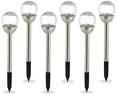 Relaxdays Set de 6 Luces Solares Exterior, Antorchas LED Jardín Redondas, Luz Blanca, con Estaca, Impermeables, Plateado