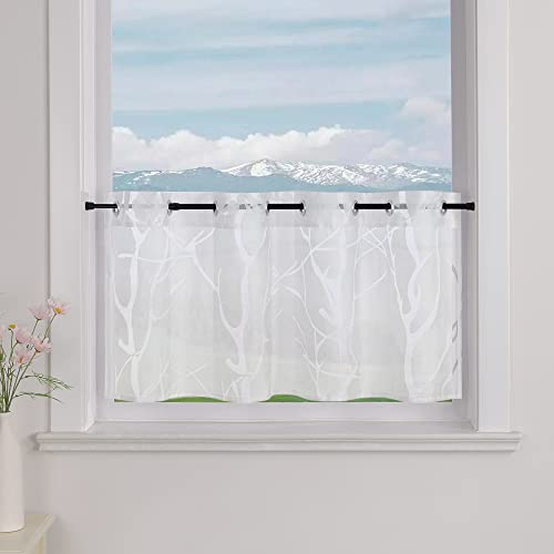 Delien Voile Scheibengardine mit Ösen Bistrogardinen Landhaus für Küche Transparente Kurzstores Modern Gardine »Zweig« Klein Fenster Kurz Vorhang BxH 90x30cm,Weiß
