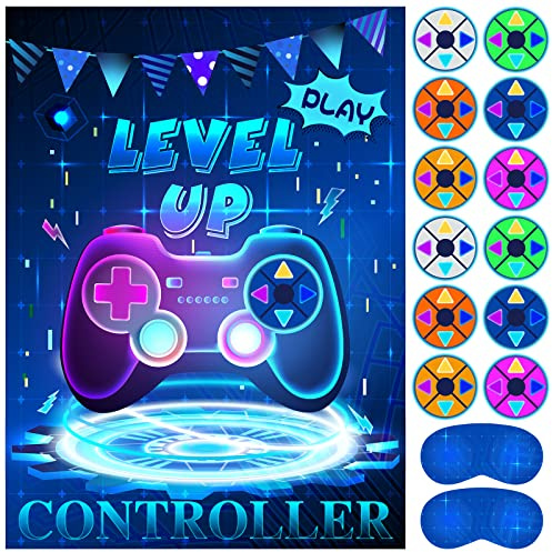 ASTARON Pin The Button Video Game Party Game - 30 Video Game Button Stickers, Construction Birthday Party Favor Sets for Kids & Adults