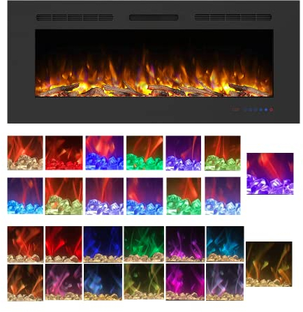 Mystflame Galaxy 60 Pro Wi-Fi, Camino Elettrico da Parete con 13 Colori di Fiamma e Luce Inferiore, Letto di Combustibile in Legno e Cristallo, Termostato da 750/1500 W, Telecomando e Touchscreen