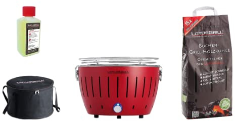 LotusGrill S Rosso Starter-Set, 1 griglia, 1 carbone di faggio da 2,5 kg, 1 pasta combustibile da 200 ml, 1 borsa per il trasporto (Red)