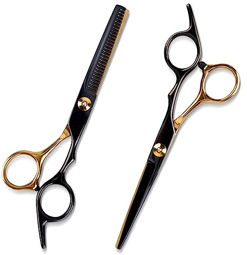 RUCUDIM Ciseaux de Coiffure 2 Pièces Effiler Cheveux Desépaississant Flat et Crantés Vis de Tension Réglage Fin Hommes, Femmes et Enfants