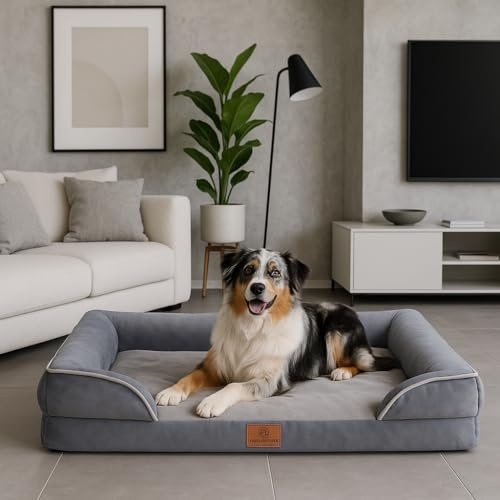 Orthopädisches Hundebett mittelgrosse Hunde, Premium, mit Egg Foam, extra Halteschlaufe, Wasserdichter Innenbezug, Hundesofa, Hundekissen, flauschig, Bezug abnehmbar, waschbar, 89 x 63 x 17 cm