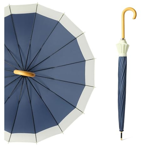 SYALEO Stockschirm 16 Rippen 41'' Stockschirm Stilvoller automatisch zu öffnender Regenschirm einfarbiger Regenschirm mit Bogen klassischem Griff Retro-Golfschirm für Damen und Herren Langschirm