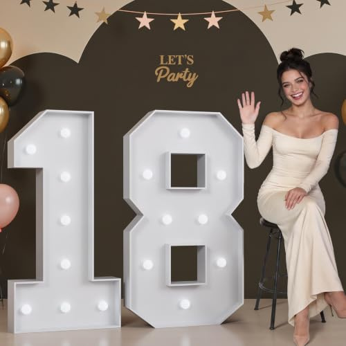 18th Birthday Decorations 3FT Large Light Up Numbers Big Marquee Number for 18th Birthday Anniversary Party Decor Light Up Cardboard Mosaic Arch Stand Pre-cut Foam