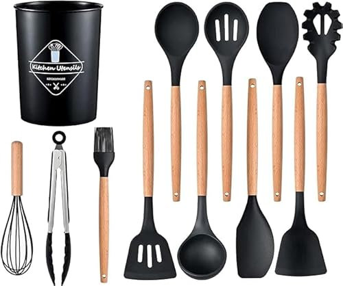 PEBBLE HUG Complete 12 Piece Silicone and Wood Kitchen Utensil Set Heat Resistant, Durable, and Ergonomically Designed with Storage Bucket - BPA-Free, (Black)