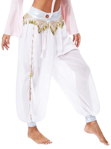 TTAO Femme Pantalons Danse Orientale Pantalon Sarouel Paillette Pantalon Longue Danse du Ventre Déguisement Indien Princesse Costume Spectacle Blanc Taille Unique