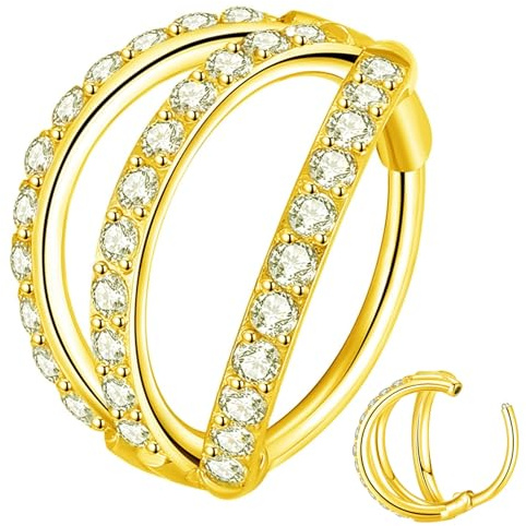 Popuhoops Anello da naso a triplo cerchio da 20 g, con zirconia cubica trasparente, in acciaio chirurgico 316L, gioiello per cartilagine, setto nasale, segmento, clic, conchiglia, daith, trago, elice,