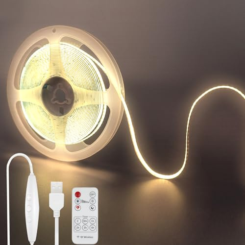 Clearhill 5V USB COB luces de tira led con interruptor dimmable remoto, 6.56FT / 2M, blanco natural 4000K, 320LEDs / M, ancho de 8mm, no impermeable IP20, cable de interruptor USB 1.5M