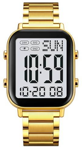 FANMIS Classic Unisex Digital Sports Watches Women's Men's Multifunctional Watch Stainless Steel Band Square Big Numbers Dial Waterproof Electronic Led Watch (Gold White)
