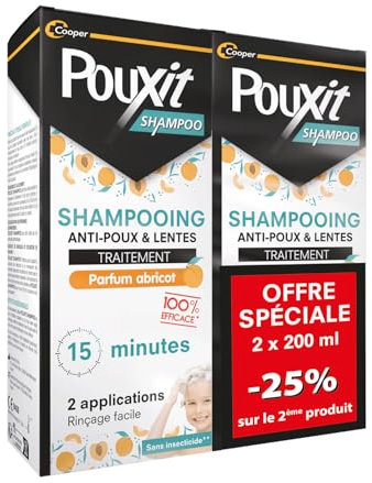 POUXIT - Shampooing anti-poux et lentes - Agit en 2 applications de 15 minutes (1) - Traitement du cuir chevelu - Parfum abricot - Lot de 2 -Flacon de 2x200 ml
