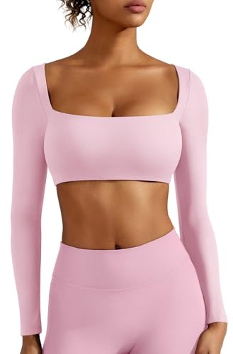 ZAAYO Top da donna a maniche lunghe scollato sportivo con reggiseno incorporato T-shirt basic da donna per il fitness con scollo quadrato, rosa chiaro, XL
