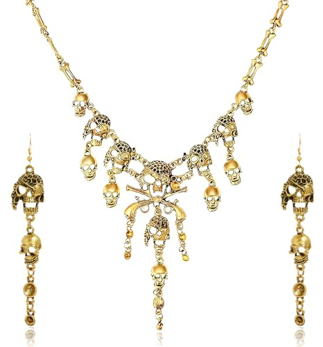 Scinzene 2 Stück Halskette Piraten Schädel Quaste Charm Halskette Kragen Lätzchen Für Frauen Horror Halskette Punk Piratenkostüm Damen, Pirate Accessories, Piratenkostüm (Gold)