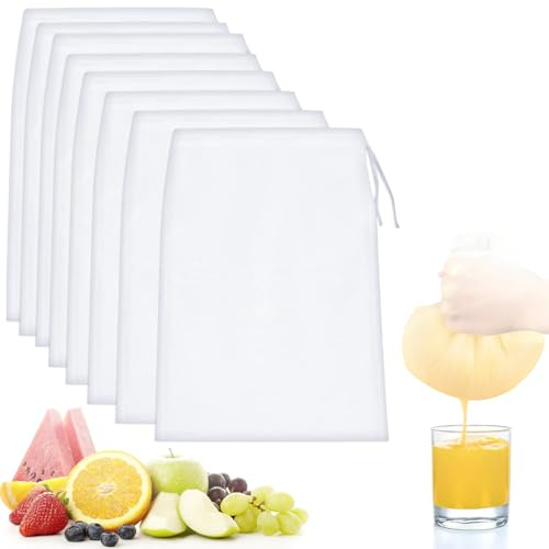 Quelcc 8 Stück Nussmilchbeutel, 20 × 30 cm, Feingewebt Passiertuch Nylon Filterbeutel, Nussmilchbeutel Bio Wiederverwendbar mit Kordelzug, Waschbar, für Nussmilch Kaffee Joghurt Käse Fruchtsaft