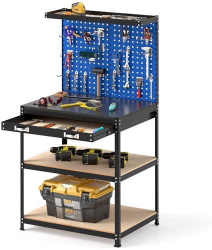 GOPLUS Banco de Trabajo con Panel Perforado, Mesa de Trabajo con 20 Ganchos para Herramientas, Cajón y Estantes Abiertos, Estación de Trabajo Carga 225 KG para Garaje Taller Almacén Hogar (Azul)