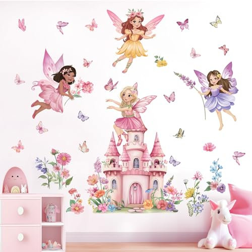 wondever Flower Fairy Castle Wall Stickers Elves Butterfly Girl Floral Peel and Stick Wall Art Decals for Baby Nursery Kids Girls Bedroom